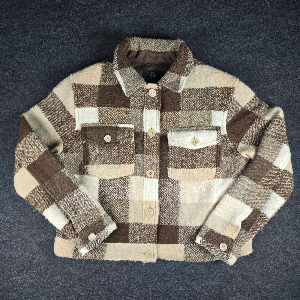 House of Harlow 1960 Plaid Sherpa Shacket Jacket Women Size S Brown Tan Cream